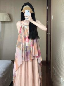 ชุดเดรสยาวสายเดี่ยวสไตล์ฝรั่งเศสสำหรับผู้หญิงในช่วงฤดูร้อน ชุดสองชิ้นที่ทำจากผ้าตาข่าย ชุดไปเที่ยวชายหาด สไตล์วินเทจ แขนกุด ช่วงเอวหลวม