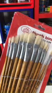 Cọ Vẽ Đầu Dẹp & Tròn Thanh Bình - Trọn Bộ 12 Cây đủ size. Chất liệu lông heo 100%.