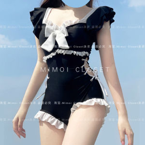 Mimoi Closet Black Pure Desire Japanese Style Cute Lolita Butterfly Knot Girls Swimsuit One-Piece Swimwear Fixed Chest Pad