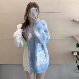 เสื้อคาร์ดิแกนถักลายสก็อตหลวมๆ สำหรับผู้หญิง ฤดูใบไม้ร่วง/ฤดูหนาว เสื้อคลุมกันหนาวสไตล์เกาหลี แขนสั้น คอตั้ง เส้นใยโพลีเอสเตอร์