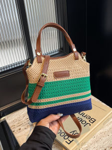 Hand Woven Straw Bucket Bag Womens Summer Handbag Casual Simple Style Beach Holiday Fashion Soft Handle Commuter Magnetic Buckle