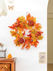 Autumn Maple Leaf Vine Circle Pumpkin Halloween Photo Simulation Decorative Flower Ring Door Decoration Harvest Atmosphere Arrangement