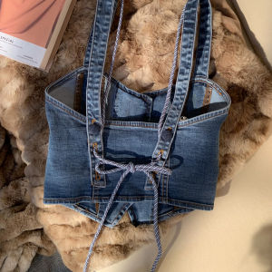 Áo Vest Denim Màu Xanh Ngọt Ngào Mát Mẻ Cho Nữ Mùa Hè Eo Tuck Bên Trong Mặc Bên Ngoài Phong Cách Hồng Kông Hàng Đầu Độc Đáo