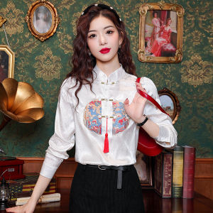 Áo Sơ Mi Voan Nữ Phong Cách Trung Hoa Mới Mùa Xuân Thu Áo Sơ Mi Cài Nút Thêu Dáng Rộng Áo Sơ Mi Cổ Đứng Dài Tay Thường