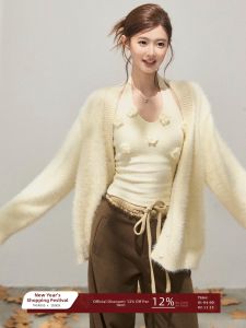 THROUS | Bộ Áo Sweater Mô Tả Hoa 3D Hình U Phong Cách Rộng Rãi Màu Hạnh Nhân