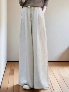 Casual Wide Leg Pants Womens Loose Fit Linen Drapey Long Trousers Straight Cut Pants Natural Waist Elastic Waistband