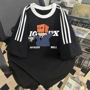 American Style Three Bars Short Sleeve T-Shirt Men Summer Trendy Loose Youth Casual Couple Body T-Shirt Upper Apparel