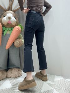 กางเกงยีนส์ทรงหลวมเอวสูงสีดำไซส์ใหญ่ ฤดูใบไม้ผลิและฤดูร้อน 2025 กางเกงขายาวทรงตรง 9 จุด ทรงขากระบอกเล็ก เอวยางยืด