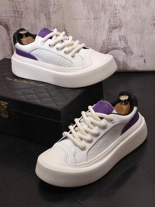 Mens Summer 2025 New Hole Punch Thick Bottom Heightening Casual Shoes Youth Small White Board Shoes Breathable round Toe