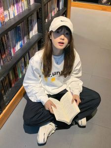 White Long Sleeve Cotton T-Shirt Womens Loose Lazy Style Base Shirt Pure Cotton Commute Style Printed Design Korean Version