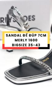 Giày Sandal Cao Gót Đi Tiệc Quai Ngang Đính Đá Đế Đúp 7cm Mũi Vuông Merly 1600 Giày Đi Tiệc Giày Xăng Đan nữ Big Size