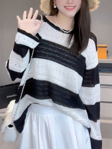 QINGNAER | Hollow Striped Color Block Long Sleeve Knitwear 2025 Spring Large Size