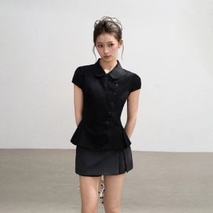 BAIDAIFEI | Áo Blouse Tay Ngắn Dập Ly Phồng Eo