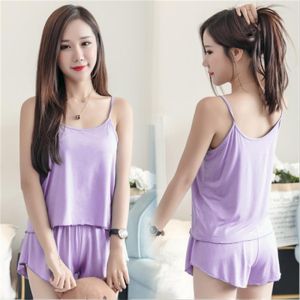 Summer Thin Sleeveless Sports Leisure Home Clothes Womens Sleepwear with Chest Pad Soft Elastic Milk Silk round Neck Short Pants