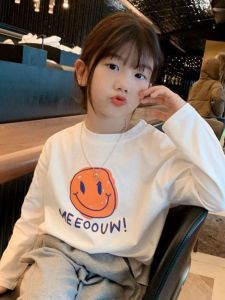 Trendy Pure Cotton Long Sleeve Base Shirt for Girls Spring Autumn Childrens Clothing White Top for Medium And Large Children