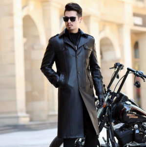 Haining Leather Coat Male Leather Trench Coat Mid Length Long Length Leather Jacket with Velvet Fur Integrated plus Size over the Knee Winter Coat