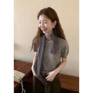 Áo Len Dệt Kim Tay Ngắn Cổ Cao Phong Cách Pháp Hellooo Eat Dành Cho Nữ Mùa Thu 2024 Áo Len Cổ Tròn Đa Năng Màu Trơn