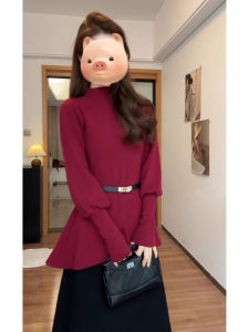 Red French Style Semi-High Collar Sweater Womens Autumn Winter Slim Fit Base Layer Knitted Top Christmas Day Outfit Ideas