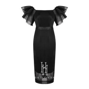 Elegant High Waist Slim Fit Black French Style Dress with Butterfly Sleeves by Haute Fantasies for Women Ages 26-35
