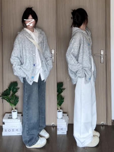 เสื้อสเวตเตอร์คาร์ดิแกนถักสีเทา ทรงหลวม สำหรับผู้หญิง ฤดูใบไม้ร่วง/ฤดูหนาว 2025 ใหม่ ความรู้สึกระดับไฮเอนด์ แขนยาว ปกติ