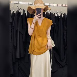YUFUQING | French Yellow Chiffon Short Sleeve Womens Summer Fashion Design Sense Miniature Shirt Age Reduction Elegant Top