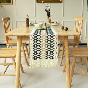 Table Runner Cotton Linen Table Flag Stripe Stitched Two-color Braid with Tassel Placemat Household Width 30 cm