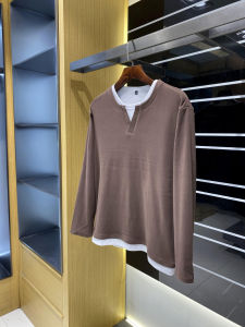 American Casual Series Mens Long Sleeve T-Shirt Coconut Fiber Loose Fit V-Neck Color Block Design Breathable Polyester Fiber