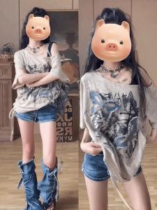 plus Size American Hip Hop Retro Heavyweight Butterfly Patchwork T-Shirt Loose Short Sleeve Shoulder Bared Top Casual Commute Style