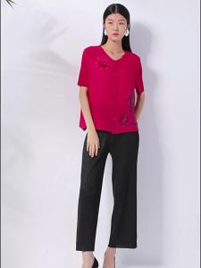 40862 One Size (45-75kg) Pleated Short Sleeves WomenS Clothing Autumn Crew Neck Cardigan Elegant Hot Rose All-Match Top