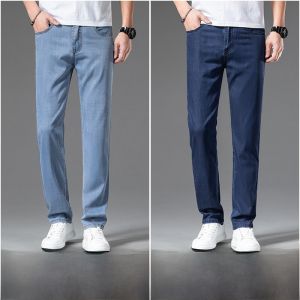 ROMON | Romon Mens Casual Thin Silk Denim Jeans Summer Business Leisure Long Pants Straight Leg Loose Fit Cool Feeling