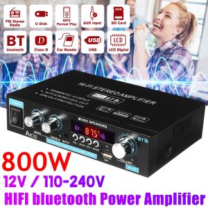 800W Digital Bluetooth Stereo Amplifier Hifi Fm Radio Usb EU Plug With 2 Channel Sockets