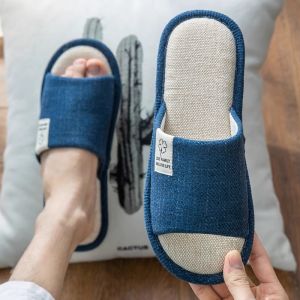 Linen Slippers Mens Summer Four-leaf Clover Breathable Indoor Anti-slip Soft Bottom Home Guest Floor Slippers Four Seasons