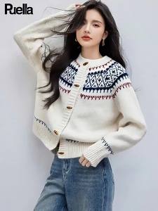 Puella | Áo Cardigan Len Hàn Quốc Phong Cách Retro Cổ Tròn Nút Sừng