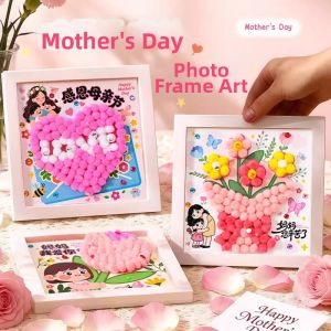 Qinju studio | DIY Handmade Craft Kit Mothers Day Gift Mother Fuzzy Ball Art Photo Frame Creative Paste Picture Children