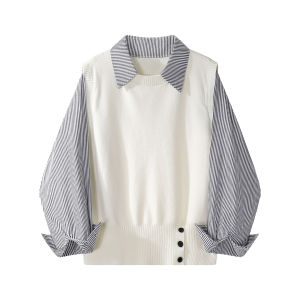 Early Autumn 2025 Womens Knitted Vest Long Sleeve Striped Shirt Waist Cinching Design Fake Two-Piece Top Commute Style Korean Version