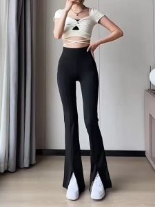 สินค้าดีกลับมา🔥🔥🔥 - หมดสต๊อกสำหรับผู้หญิง ชุดนอกบางฤดูร้อน เอวสูง ควบคุมพุง กางเกงบานผ่าสีดำ กางเกงโยคะบาร์บี้ KCSYK