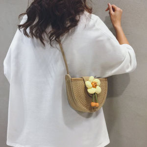 Summer Beach Vacation Straw Woven Bag Womens Casual Crossbody Phone Bag Plant Floral Pattern Magnetic Buckle Closure Handbag