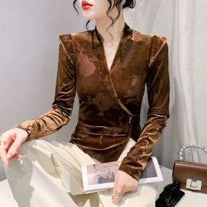 Áo sơ mi viền không đều dài tay Châu Âu Yimei áo ôm vừa cổ chữ V Hàn Quốc phong cách phương Tây mới Xuân/hè xu hướng nhung cho nữ