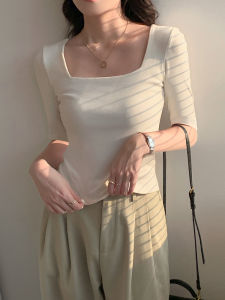 White French Style Square Collar mid Sleeve T-Shirt Womens Base Shirt Spring Autumn Five Sleeve Bone Exposure Top