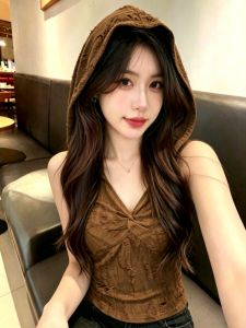 GUZILIAN | Áo Tank Phong Cách Hoang Mạc Có Mũ Tùng Xẻ Không Tay Hở Lưng Vòng Cổ V Dáng Ôm
