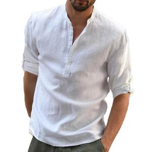 KB New Mens Casual Cotton Linen Shirt Loose Fit Autumn Polo Collar Fleece Lined Thickened Nine-Quarter Sleeve Blouse
