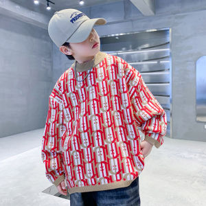 เสื้อสเวตเตอร์ถักหนาสำหรับเด็กชาย ฤดูใบไม้ร่วง/ฤดูหนาว สีแดง เสื้อผ้าเด็ก แฟชั่น เสื้อผ้าเด็กชาย ฤดูหนาว 2025 ใหม่