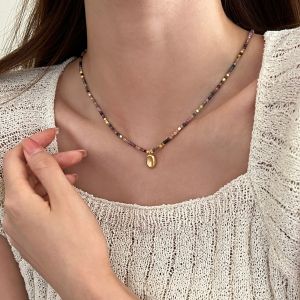 Long Bohemian Colorful Natural Stone Beaded Necklace for Women Clavicle Chain Titanium Steel Pendant  out Fashion Jewelry