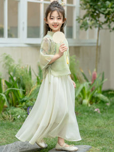 Girls Hanfu Summer Outfit Short Sleeve Dress Childrens National Style New Chinese Dress Big Kids Set Fashionable Traditional Clothing