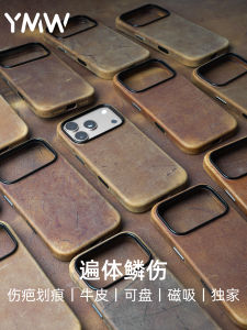 YMW Genuine Leather Phone Case for  Full Coverage AI Photography Key 17/16/15/14promax Magnetic Wireless Charging Retro Cowhide