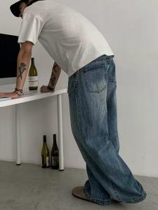 Blue Washed American Retro Mens Jeans Loose Wide Leg Casual Long Trousers Youth Fashion Wear Resistant Straight Cut