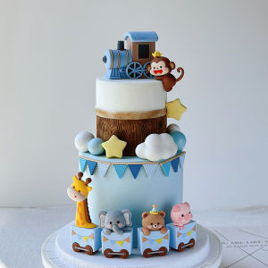 Kids Birthday Cake Decorations Cartoon Animals Train Ornaments Cake Toppers Monkey Giraffe Bear Piglets Elephant for Baby Shower