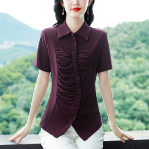 MAIMEI | เสื้อโปโลผู้หญิงแขนสั้นทรงสลิมฟิต คอกลม ทรงลำลอง สีพื้น ทรงหลวม ฤดูร้อน 2024 แขนสั้น เสื้อคลุมกันหนาว