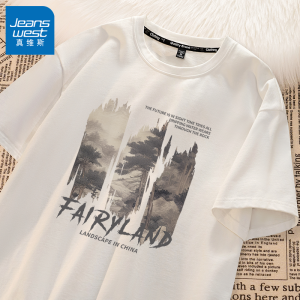 Jeanswest Panda Mens Short Sleeve T-Shirt Summer New Trend Brand Youth Casual Cotton Knitted Print round Neck Animal Pattern