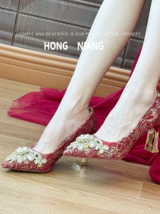 Red New Chinese Style Wedding Shoes Show He Thick Heel Marital Shoes 2025 New Version Pregnant Women Can Wear Non-Tiring Wedding Shoes